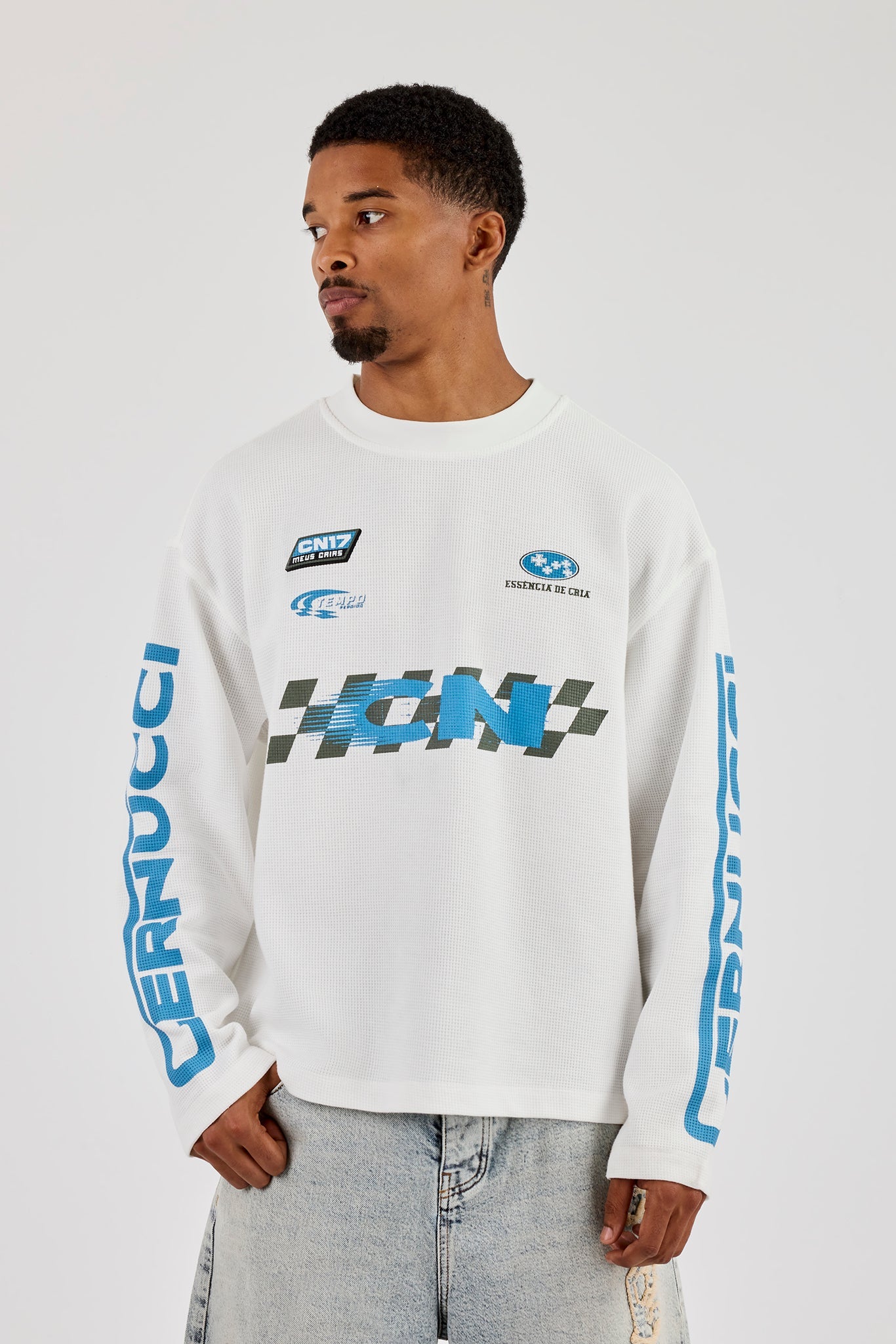 Long Sleeve Waffle Printed T-Shirt - Off White