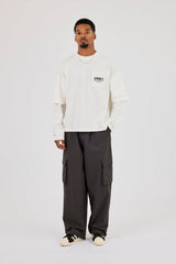 Long Sleeve Slub Faux Layer Pocket T-Shirt - White