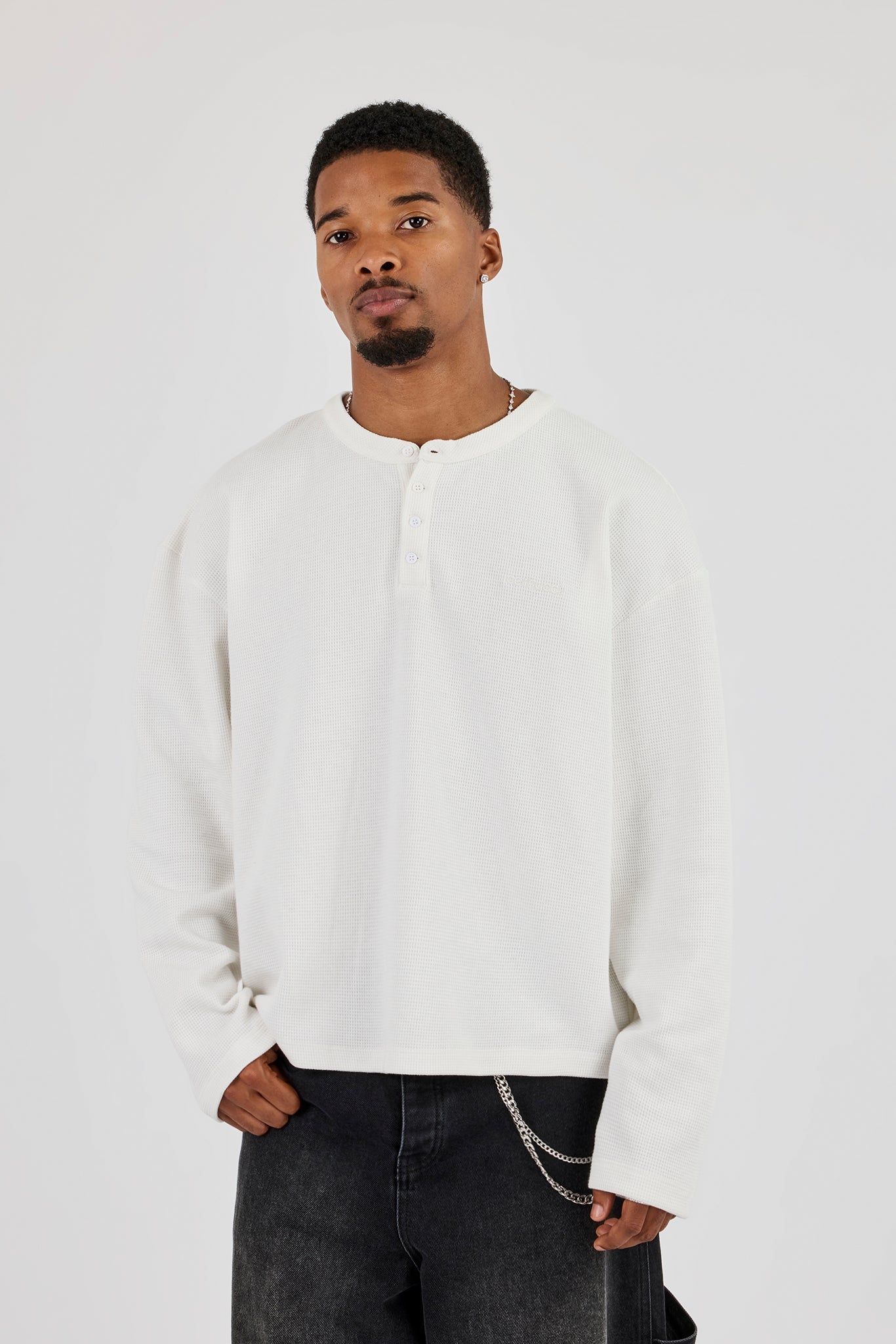 Long Sleeve Waffle Embroidered Henley Top - Off White