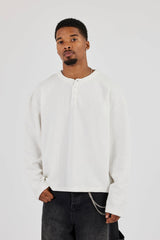 Long Sleeve Waffle Embroidered Henley Top - Off White