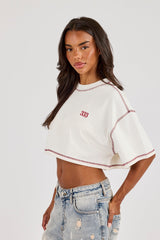 Cropped Contrast Stitch 333 Cherub T-Shirt - Off White
