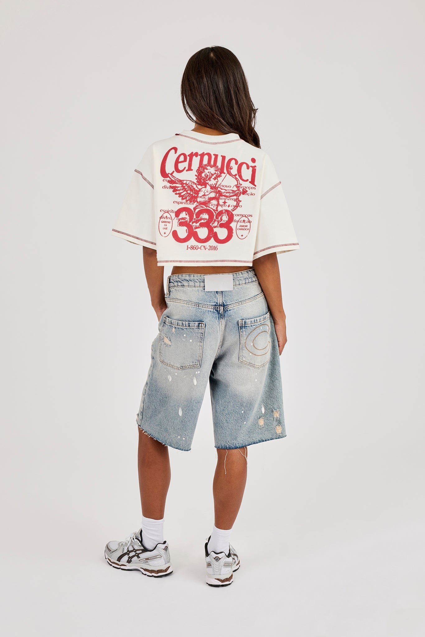 Cropped Contrast Stitch 333 Cherub T-Shirt - Off White