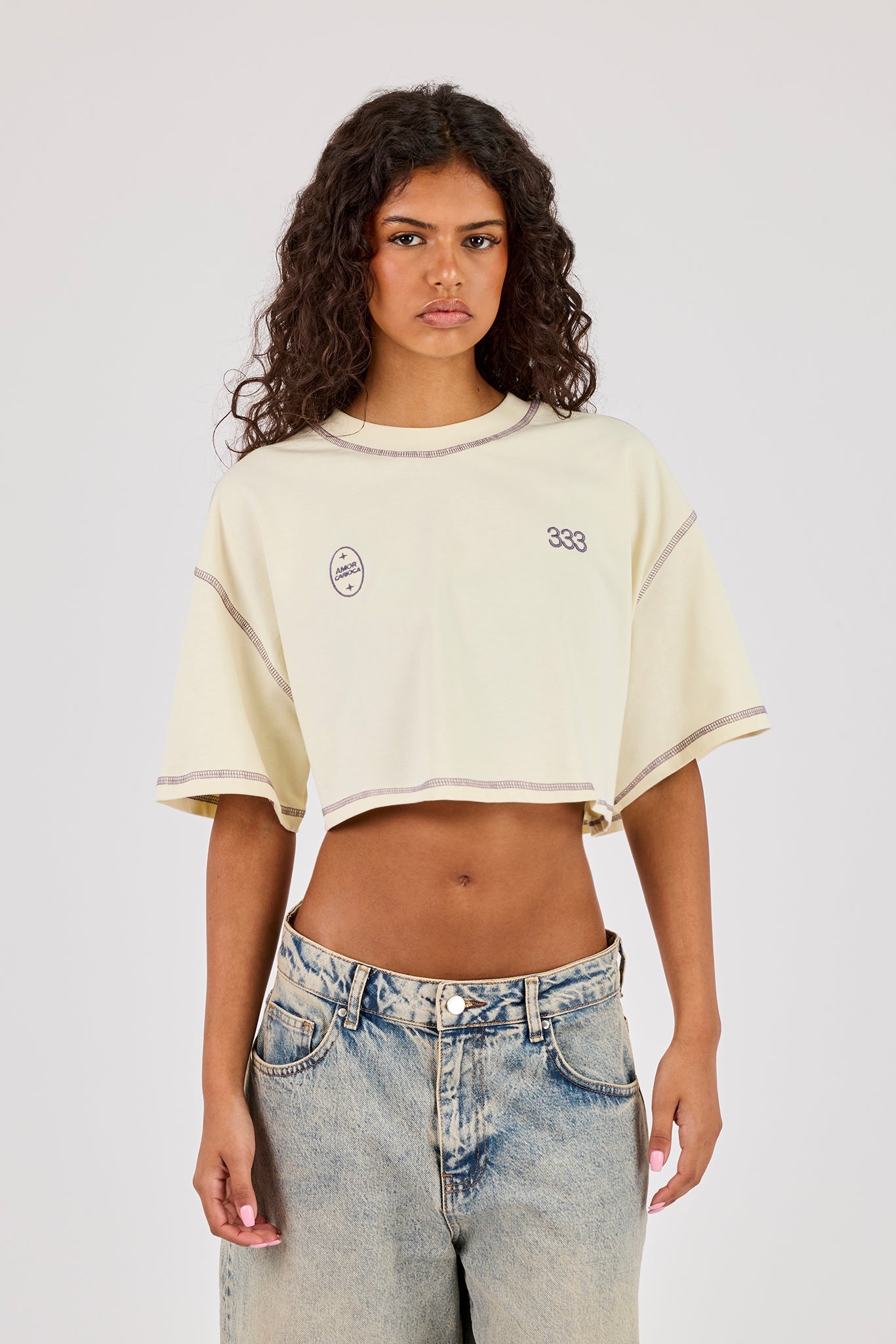 Cropped Contrast Stitch 333 Cherub T-Shirt - Butter Yellow
