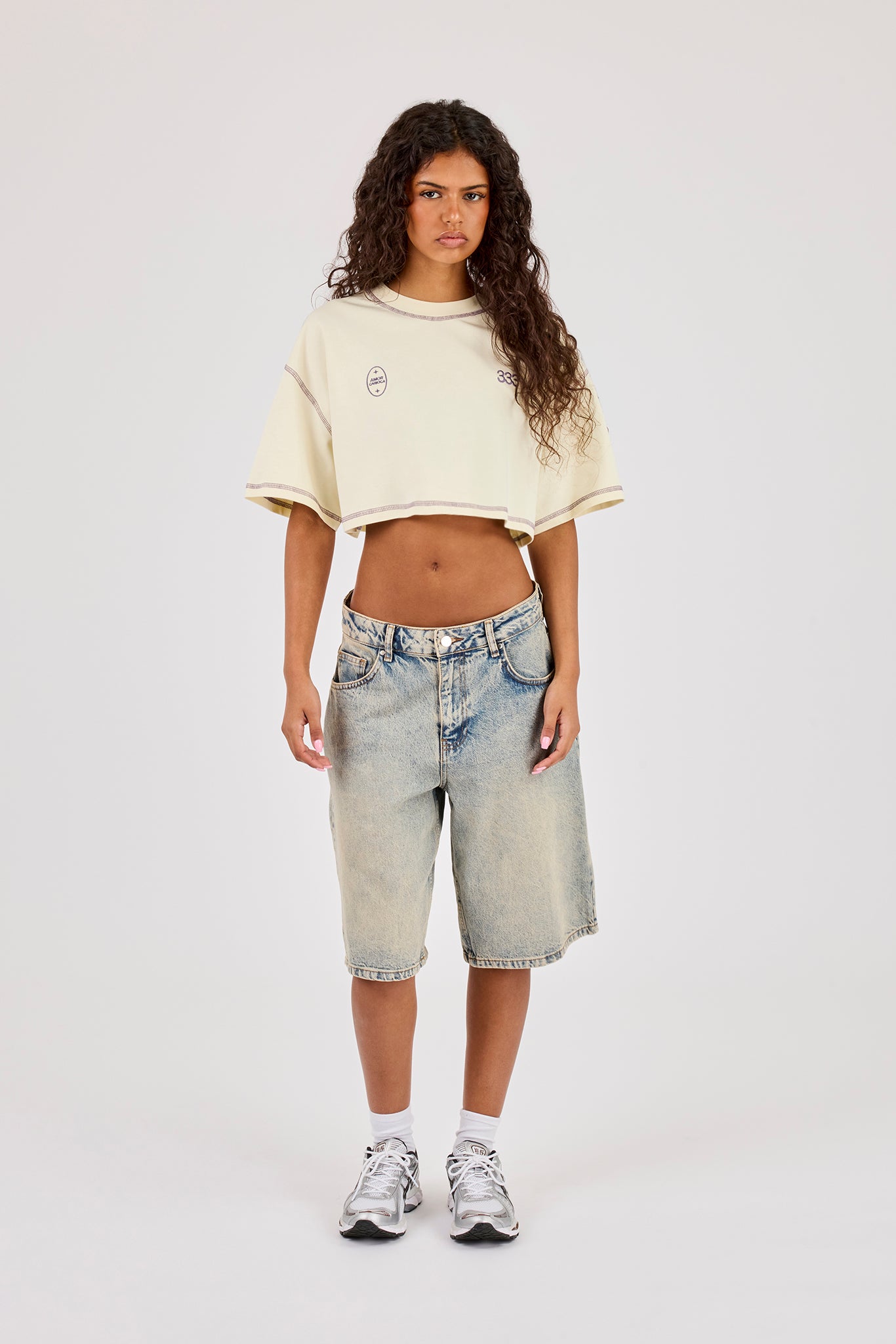 Cropped Contrast Stitch 333 Cherub T-Shirt - Butter Yellow