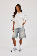 Oversized Contrast Stitch Diamond Diner T-Shirt - Off White