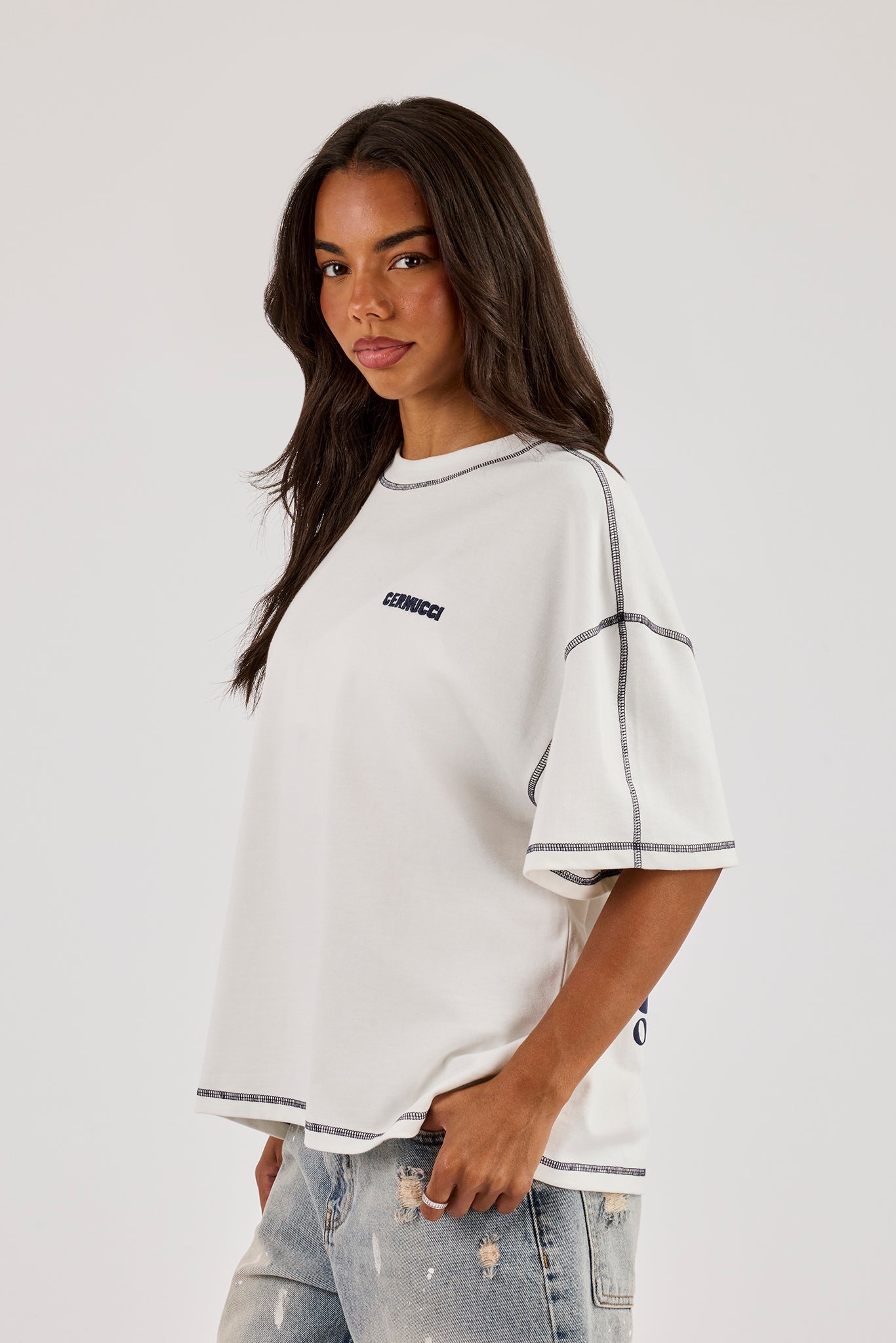 Oversized Contrast Stitch Diamond Diner T-Shirt - Off White