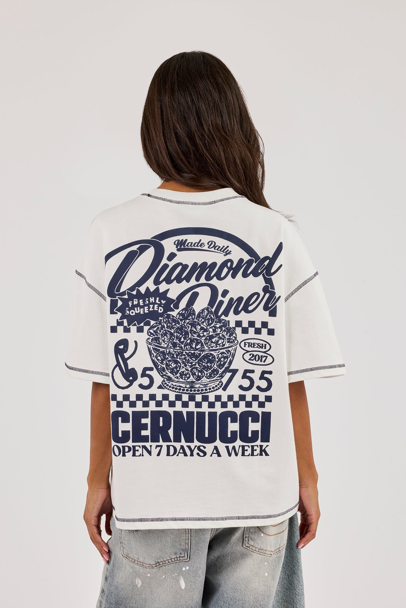Oversized Contrast Stitch Diamond Diner T-Shirt - Off White