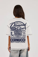 Oversized Contrast Stitch Diamond Diner T-Shirt - Off White