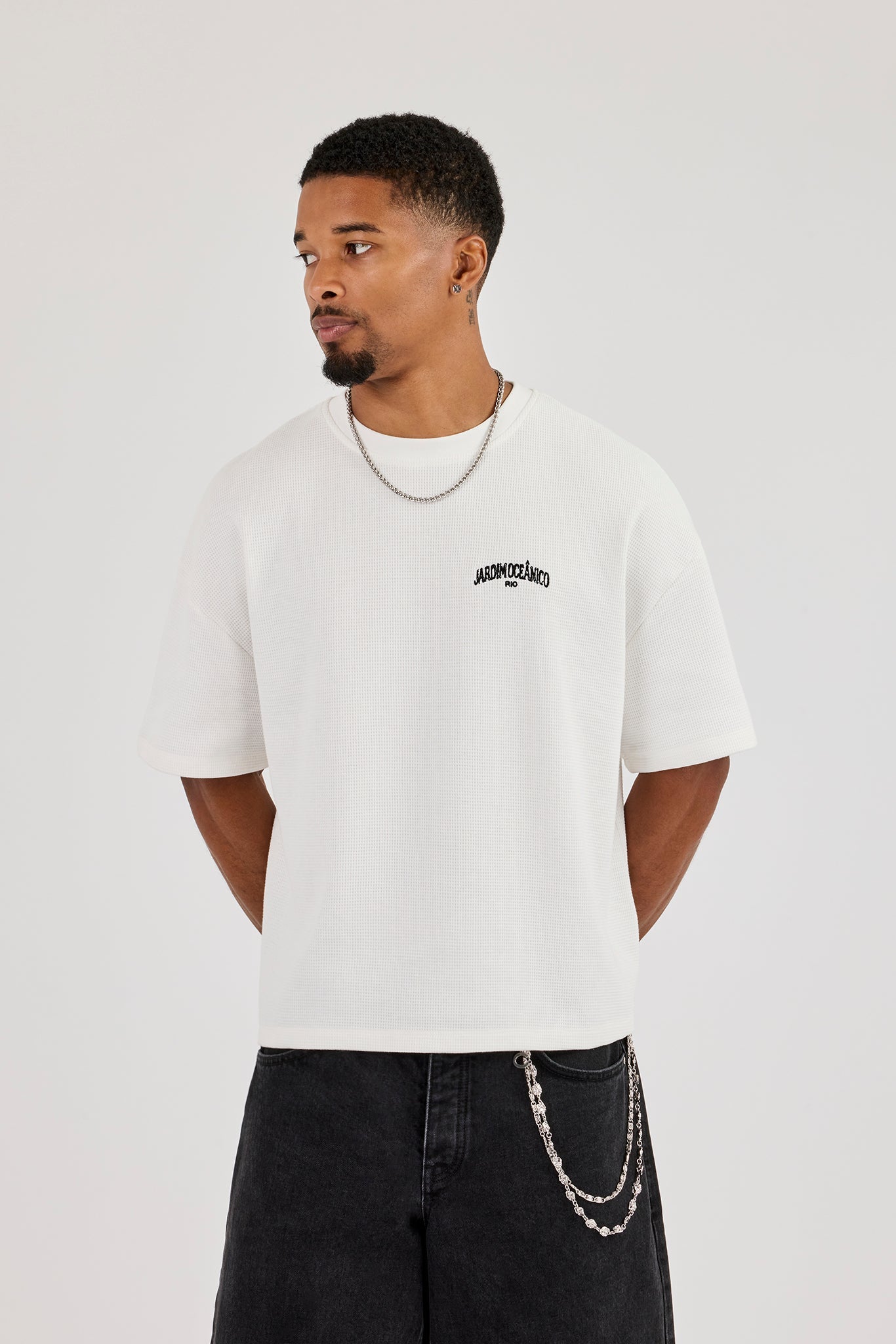 Rio Contrast Stitch Boxy Waffle T-Shirt - Off White