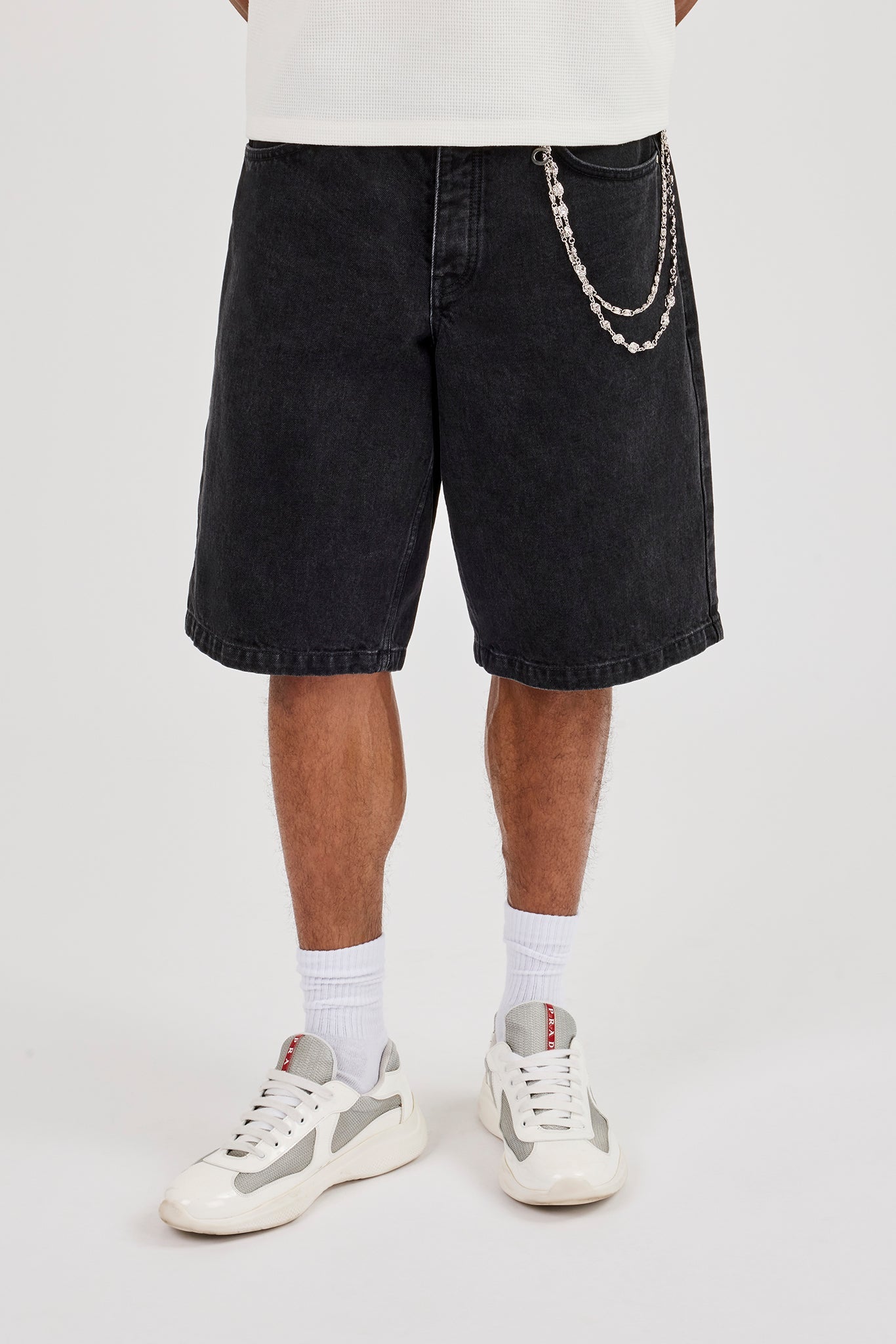 Denim Bermuda Jorts & 10mm C Branded Double Layer Rose Motif Jean Chain - Washed Black