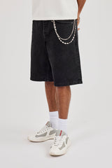 Denim Bermuda Jorts & 10mm C Branded Double Layer Rose Motif Jean Chain - Washed Black