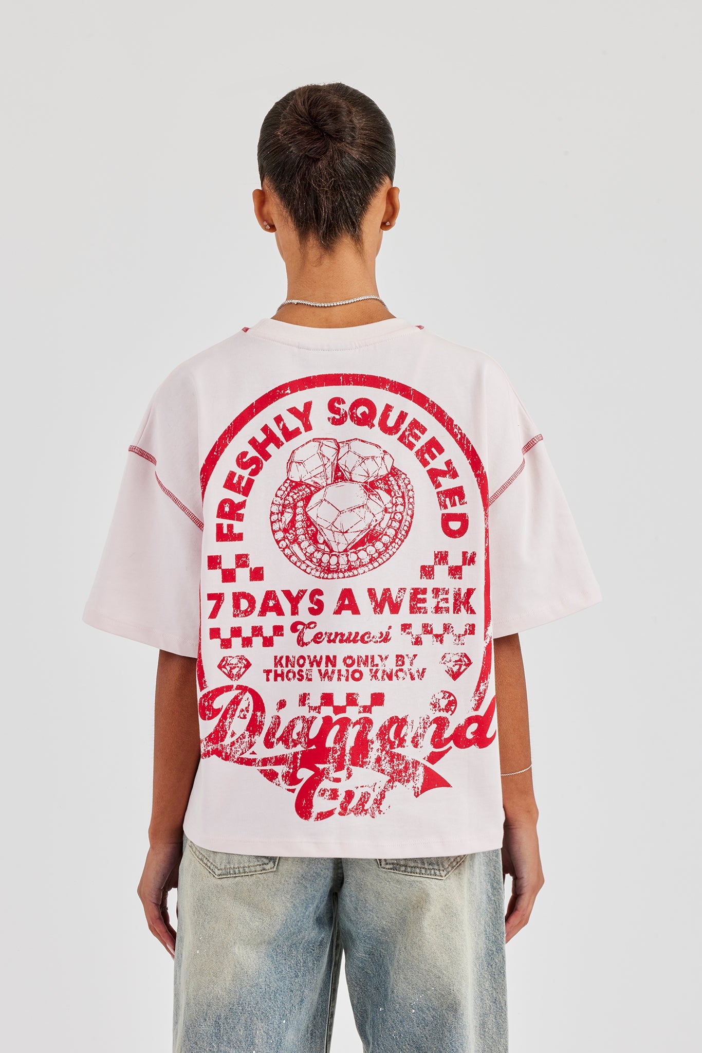 Diamond Cut Contrast Stitch T-Shirt - Baby Pink