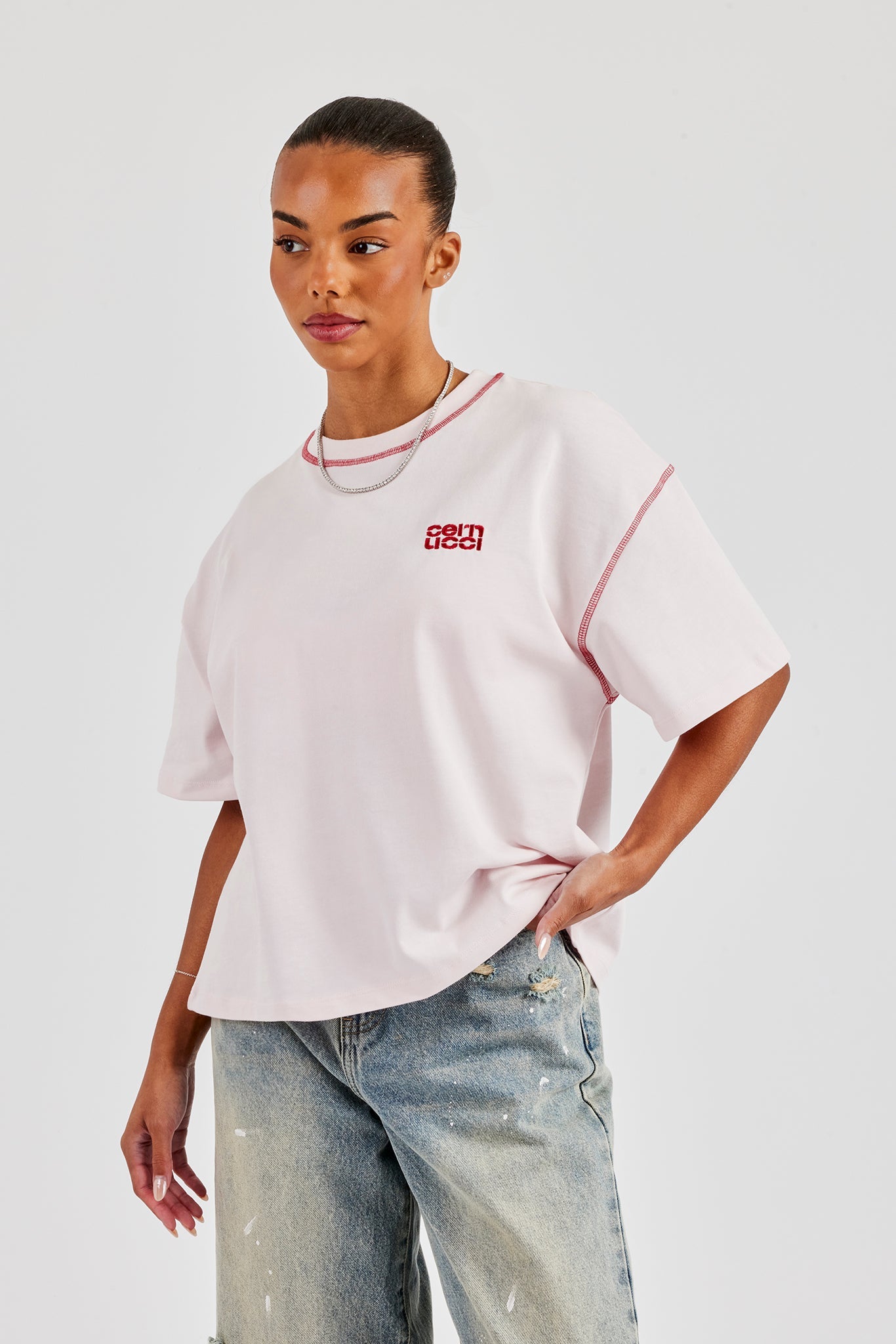 Diamond Cut Contrast Stitch T-Shirt - Baby Pink