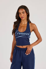 Cracked Print Halterneck Top - Navy Blue