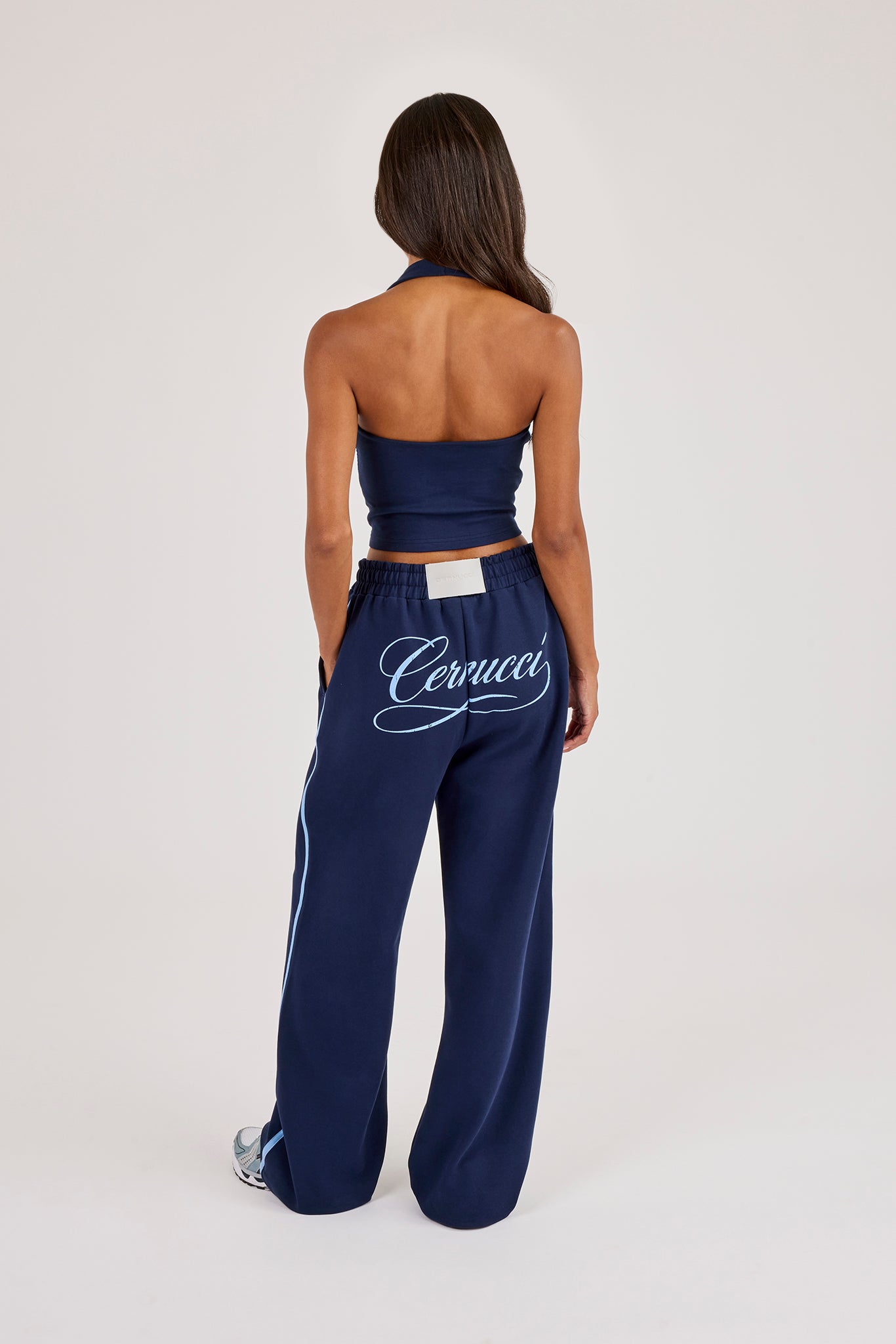 Cracked Print Panelled Wide Leg Jogger - Navy Blue