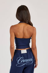 Cracked Print Halterneck Top - Navy Blue