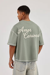 Contrast Stitch Boxy Amor Carioca T-Shirt - Dusty Green