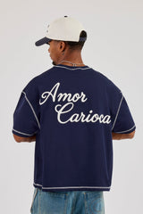 Contrast Stitch Boxy Amor Carioca T-Shirt - Navy Blue