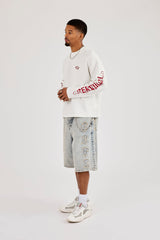 Logo Applique Denim Jorts & 10mm Polished Double Layer Cross Motif Jean Chain - Antique Wash