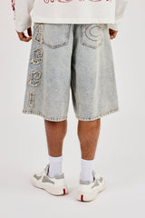 Logo Applique Denim Jorts & 10mm Polished Double Layer Cross Motif Jean Chain - Antique Wash