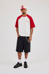Waffle Raglan Logo Boxy T-Shirt - Red