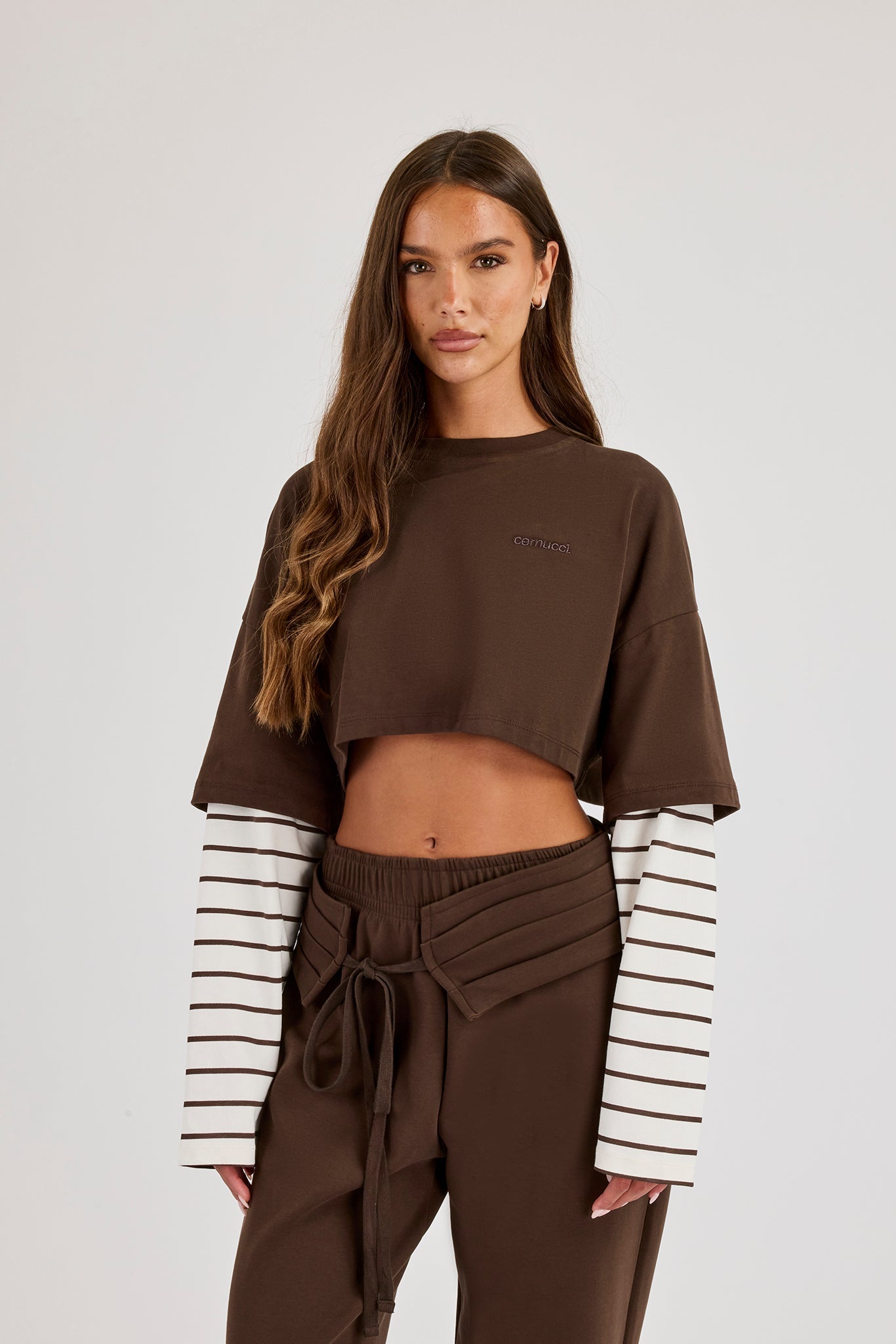 Faux Stripe Layered Cropped T-Shirt - Chocolate