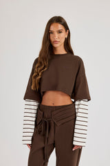 Faux Stripe Layered Cropped T-Shirt - Chocolate