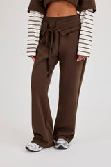 Faux Stripe Layered Cropped T-Shirt & Pleated Waistband Wide Leg Jogger- Chocolate