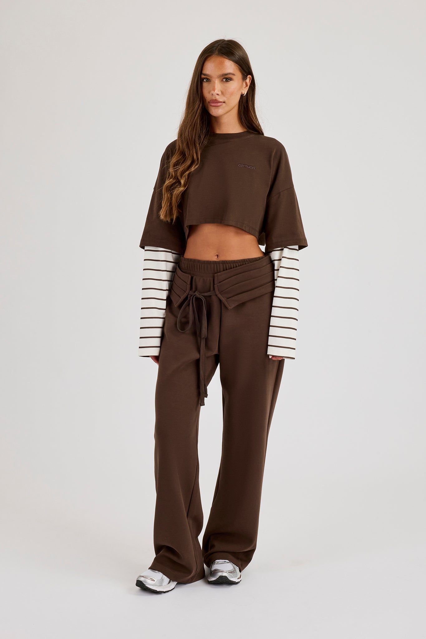 Faux Stripe Layered Cropped T-Shirt - Chocolate