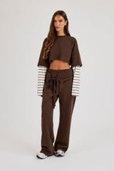Faux Stripe Layered Cropped T-Shirt & Pleated Waistband Wide Leg Jogger- Chocolate
