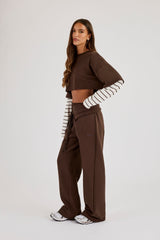 Faux Stripe Layered Cropped T-Shirt - Chocolate