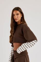 Faux Stripe Layered Cropped T-Shirt - Chocolate