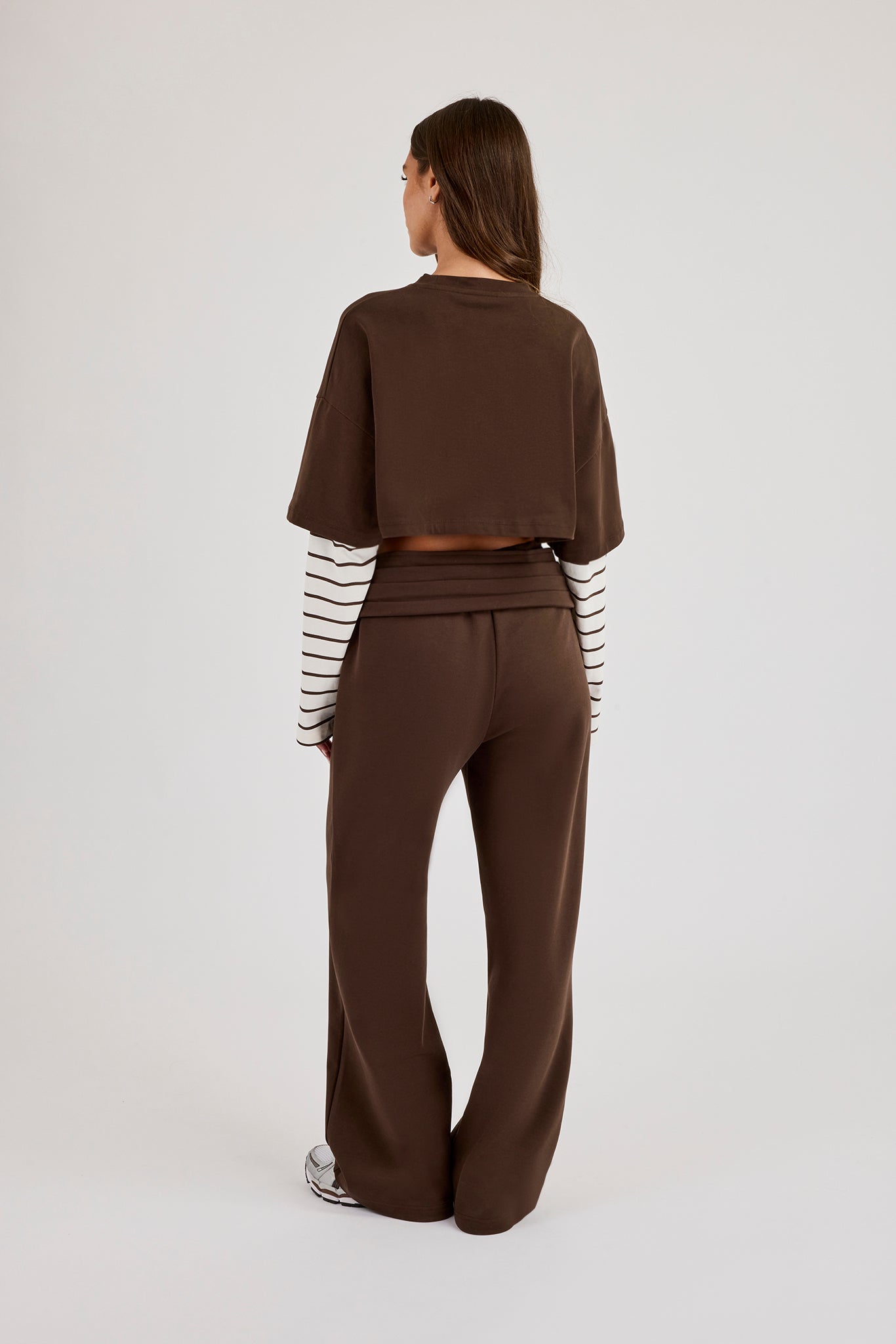 Faux Stripe Layered Cropped T-Shirt & Pleated Waistband Wide Leg Jogger- Chocolate
