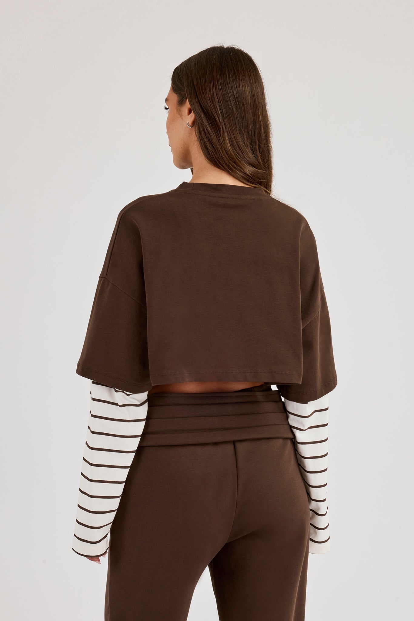 Faux Stripe Layered Cropped T-Shirt - Chocolate