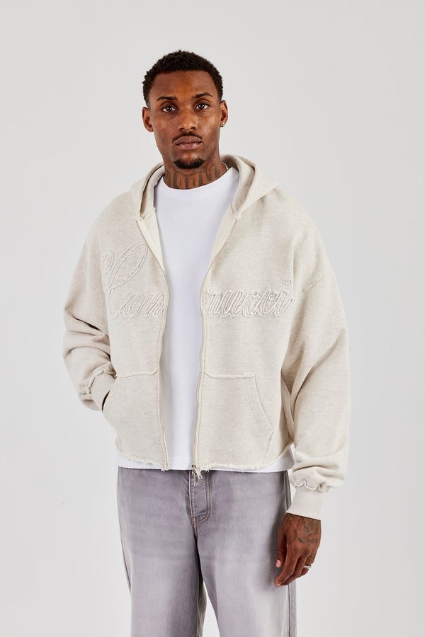 Boxy Applique Zip Hoodie - Ash Grey