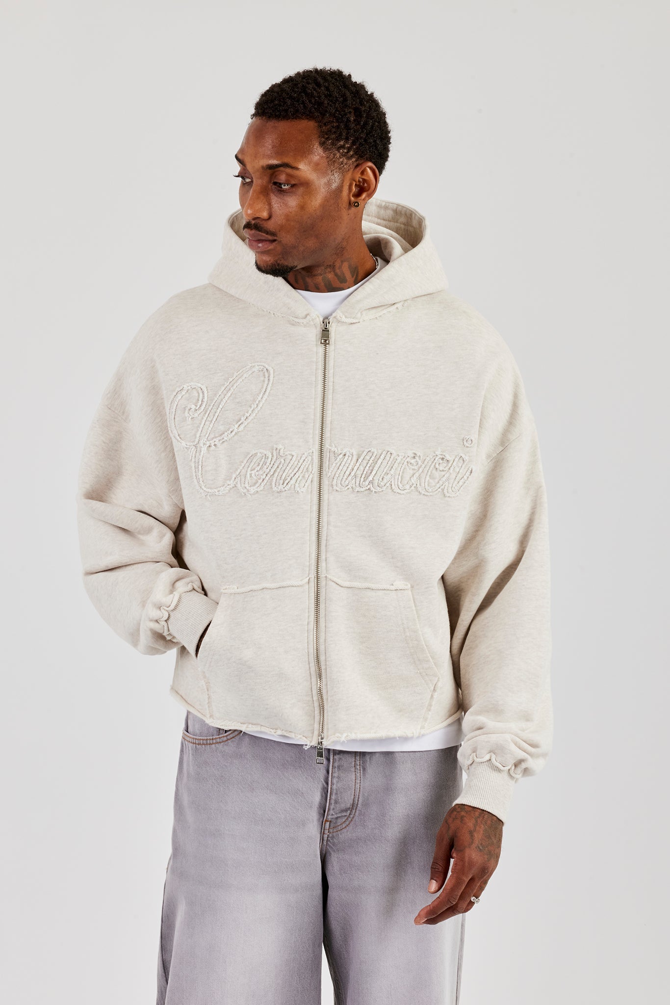 Boxy Applique Zip Hoodie - Ash Grey