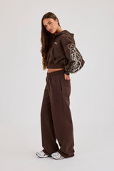 Cropped Distressed Print Zip Hoodie & Distressed Print Wide Leg Jogger – Chocolate