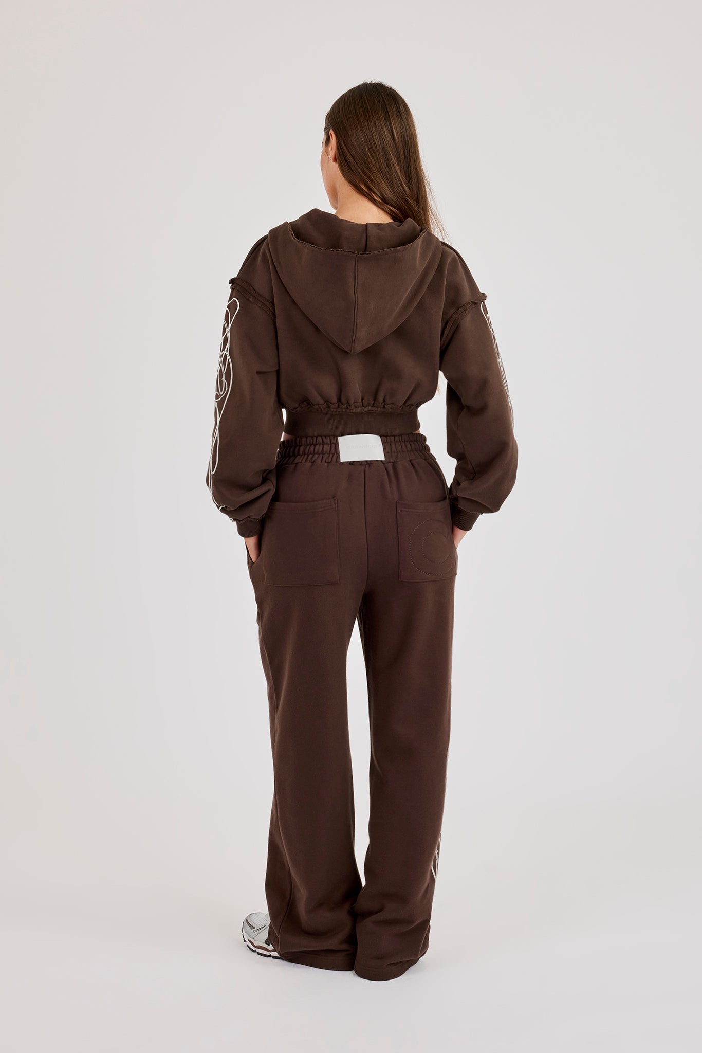 Cropped Distressed Print Zip Hoodie & Distressed Print Wide Leg Jogger – Chocolate