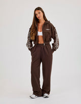 Cropped Distressed Print Zip Hoodie - Chocolate