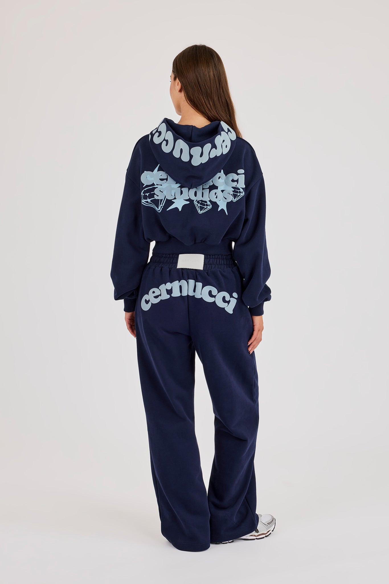 Star Puff Print Super Cropped Zip Hoodie & Wide Leg Jogger – Navy Blue