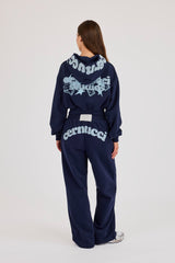 Star Puff Print Super Cropped Zip Hoodie & Wide Leg Jogger – Navy Blue