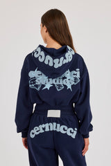 Star Puff Print Super Cropped Zip Hoodie & Wide Leg Jogger – Navy Blue
