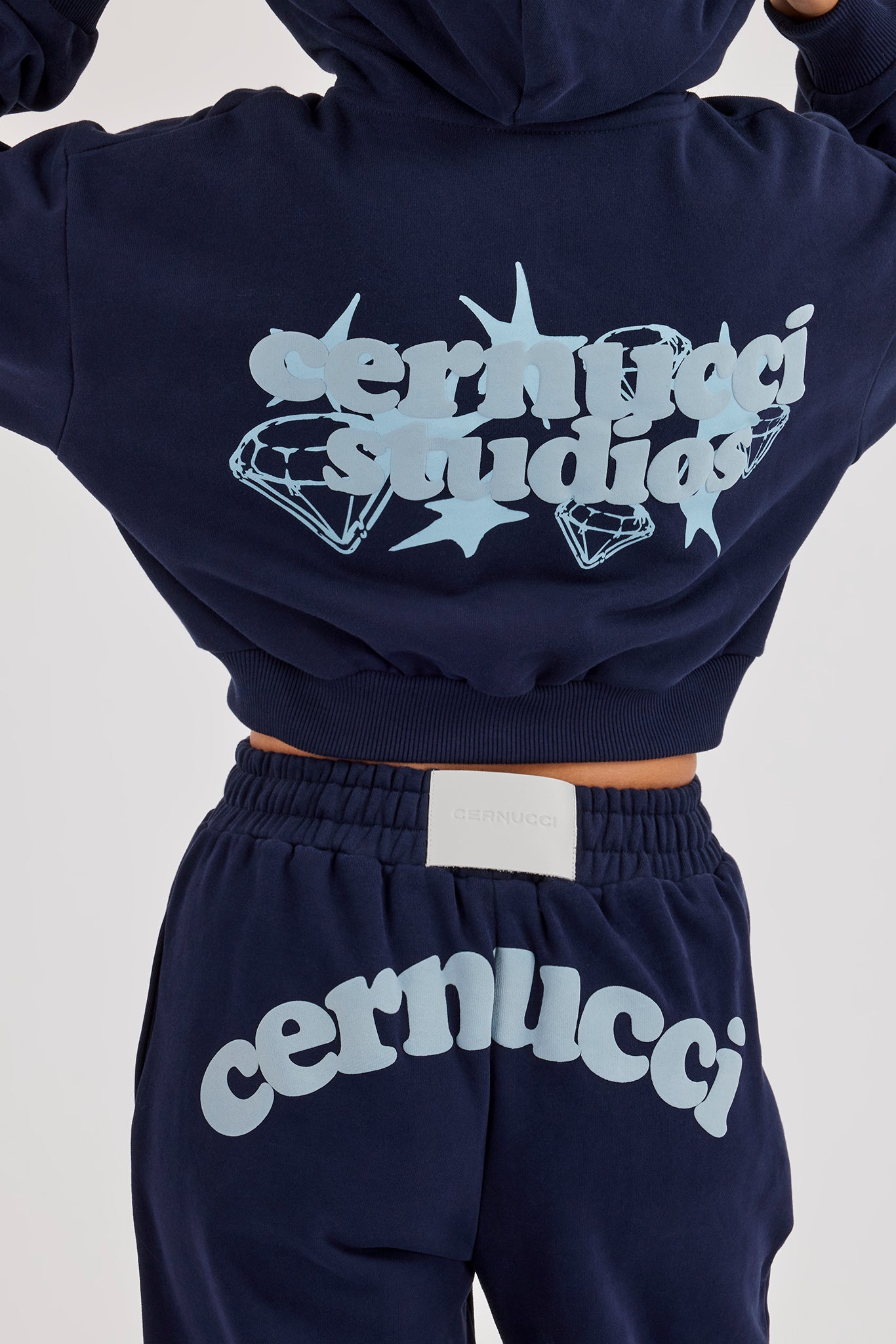 Star Puff Print Super Cropped Zip Hoodie - Navy Blue