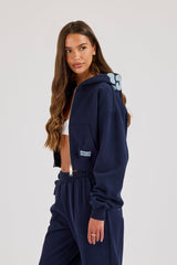 Star Puff Print Super Cropped Zip Hoodie - Navy Blue