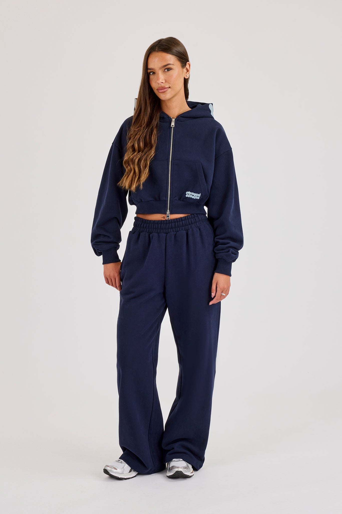 Star Puff Print Super Cropped Zip Hoodie & Wide Leg Jogger – Navy Blue