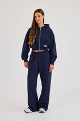 Star Puff Print Super Cropped Zip Hoodie & Wide Leg Jogger – Navy Blue