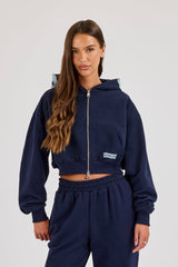 Star Puff Print Super Cropped Zip Hoodie - Navy Blue