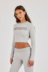 Raglan Applique Cropped Long Sleeve Top - Ash Grey