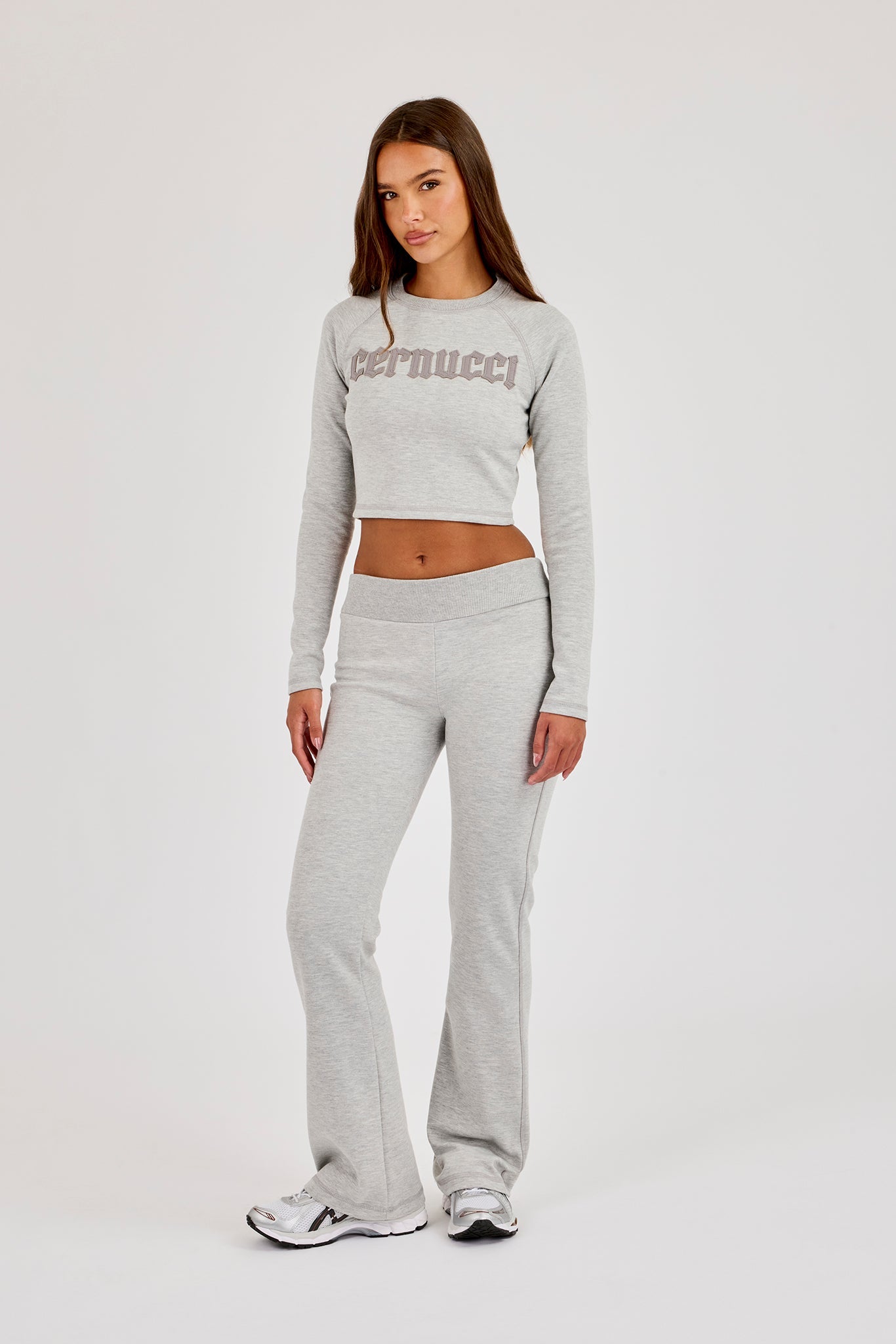 Raglan Applique Cropped Long Sleeve Top - Ash Grey