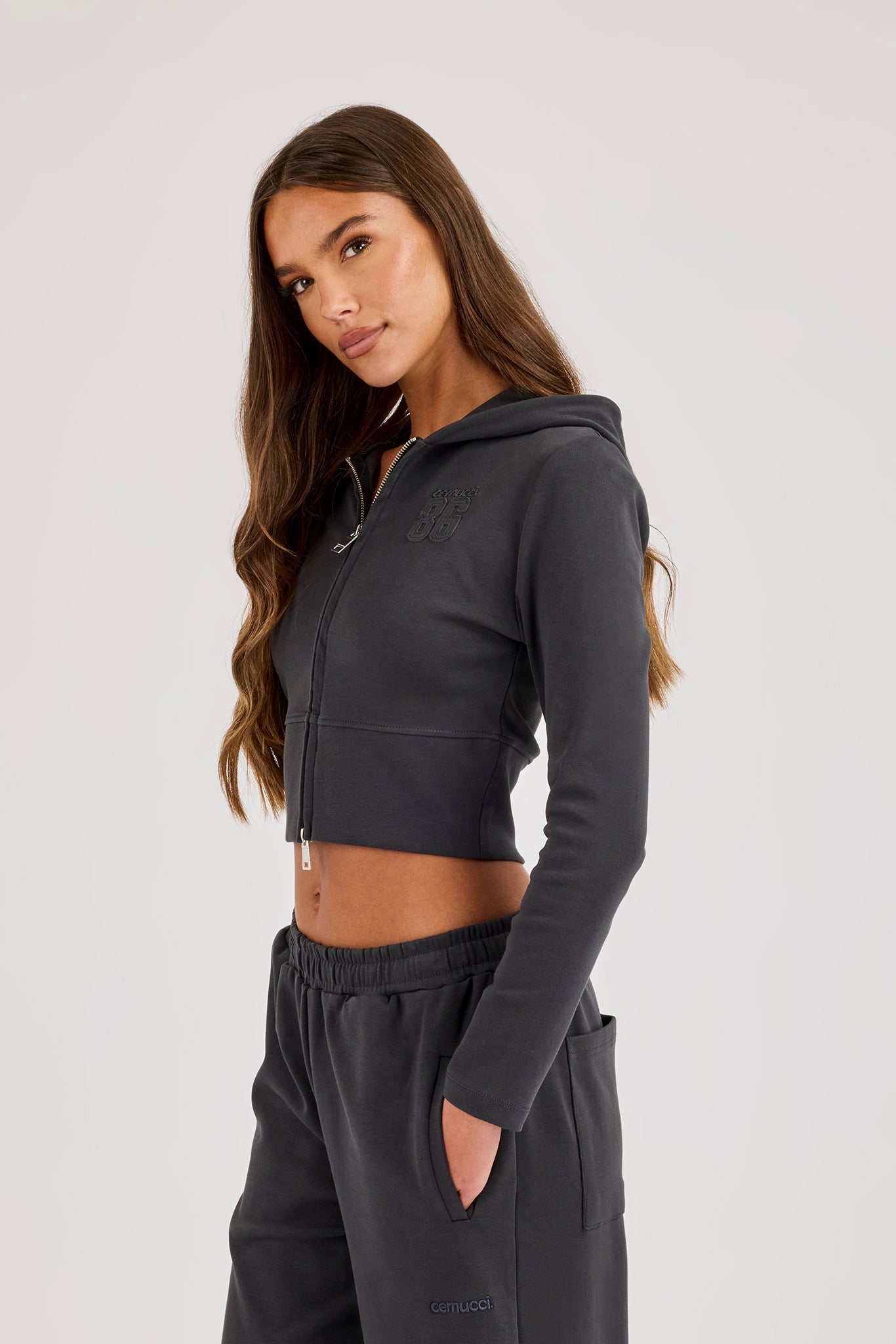 86 Applique Fitted Zip Hoodie - Charcoal